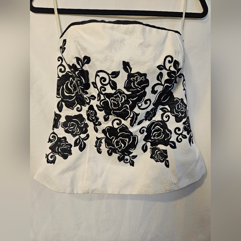 White House Black Market Strapless Bustier Top Size 8 Black Floral Embroidered